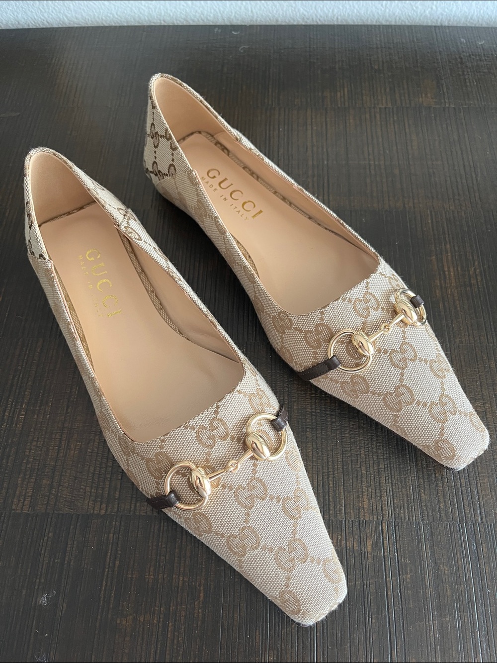 Gucci Beige GG Canvas Horsebit Pointed Toe Flats